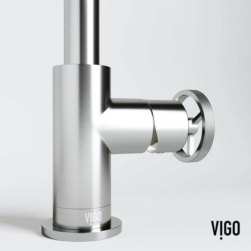 Modern deck-mounted faucet in brushed nickel with knob handles and low flow design