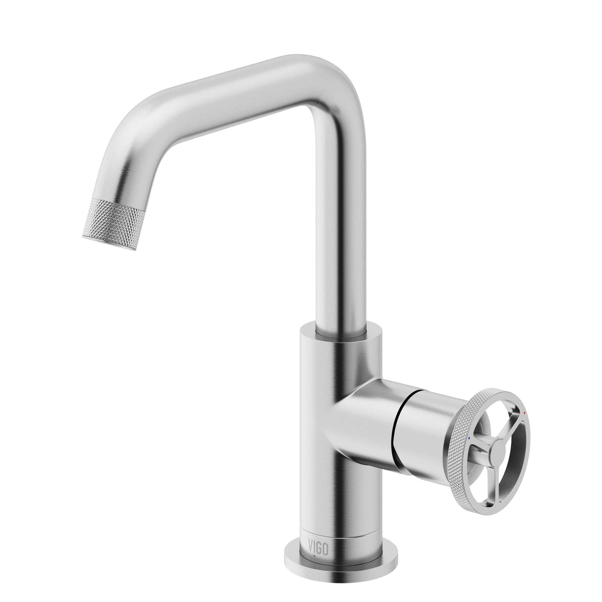 Single hole faucet with waterfall spout and hot/cold indicators in brushed nickel