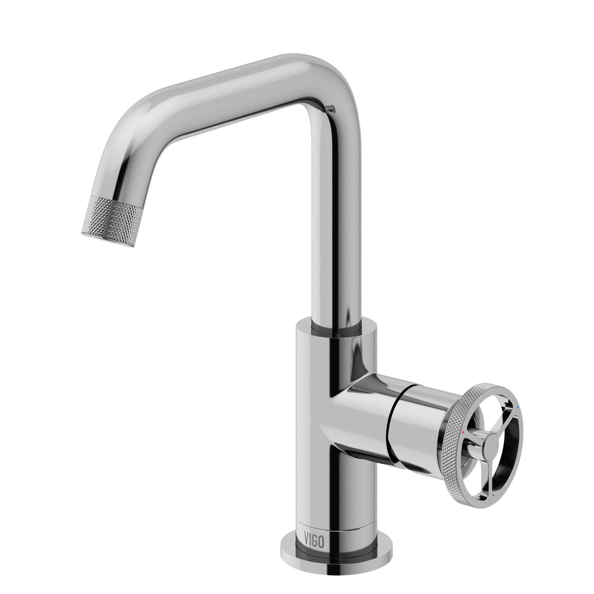 Single hole faucet with waterfall spout and hot/cold indicators in chrome