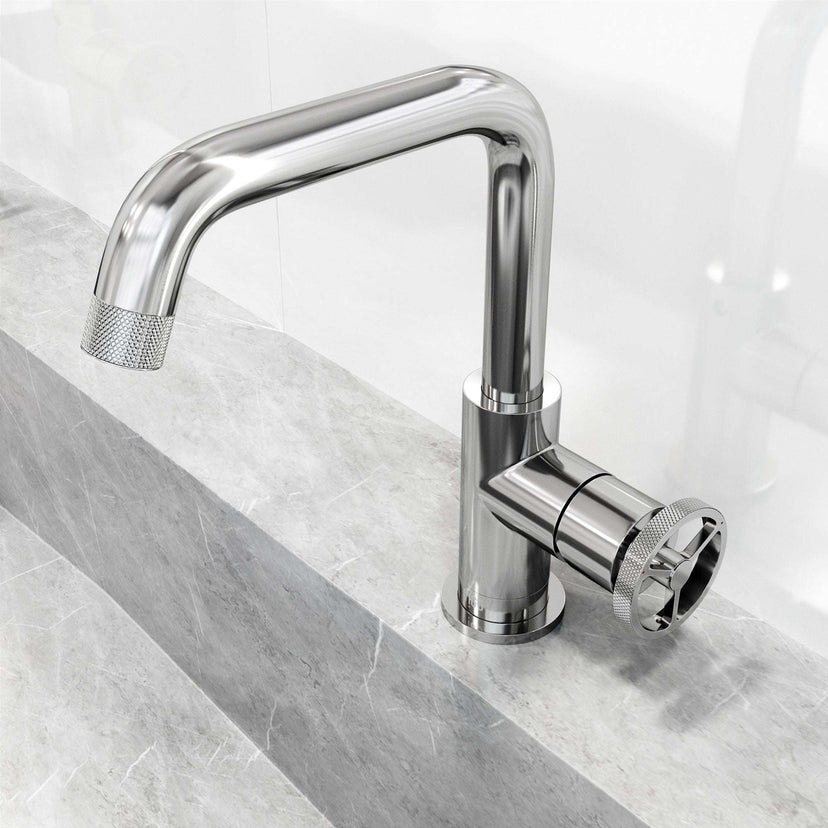 Deck-mounted faucet with high arc spout and drip-free ceramic disc valve