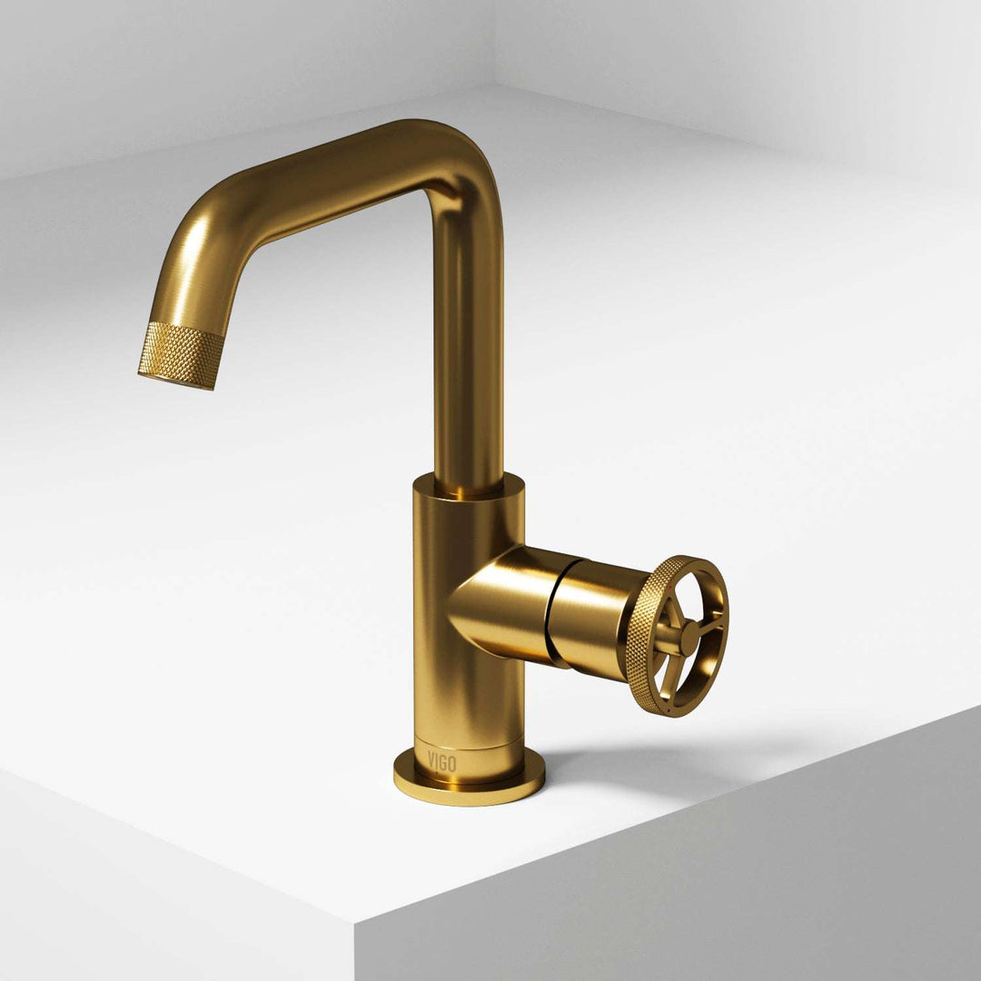Matte Brushed Gold single hole bathroom faucet with high arc spout and ceramic disc valve