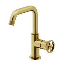 Single hole faucet with waterfall spout and hot/cold indicators in matte brushed gold