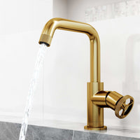 Modern contemporary single hole faucet in matte brushed gold with sleek finish