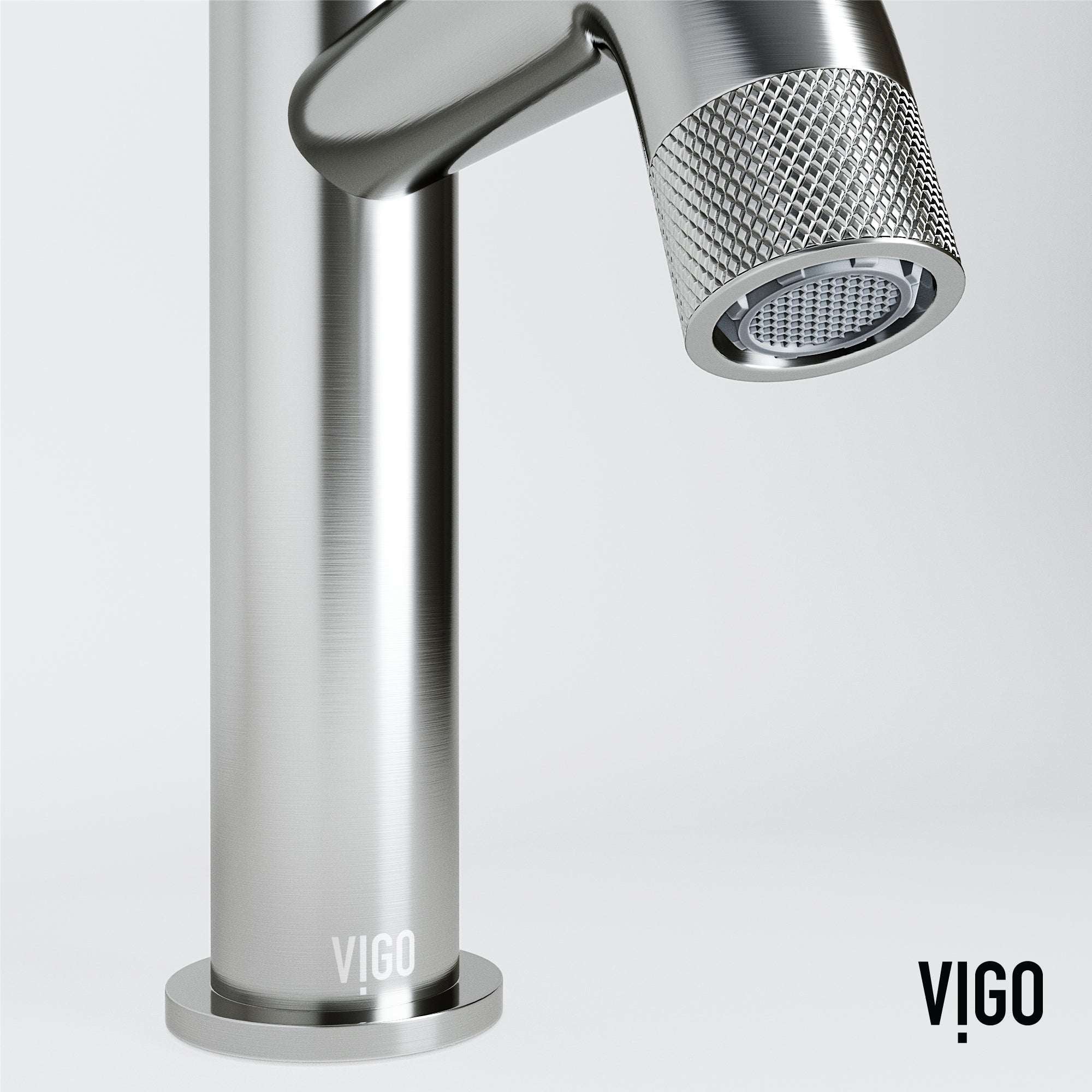 Modern deck-mounted faucet in brushed nickel with knob handle and brass construction