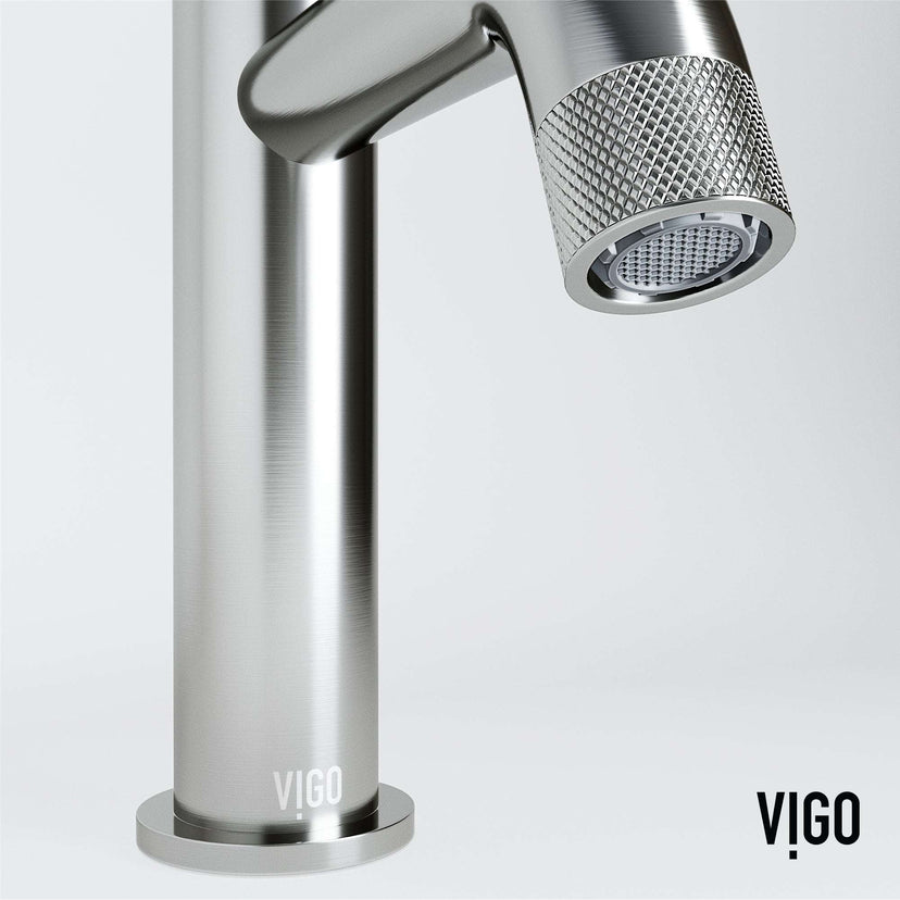 Modern deck-mounted faucet in brushed nickel with knob handle and brass construction