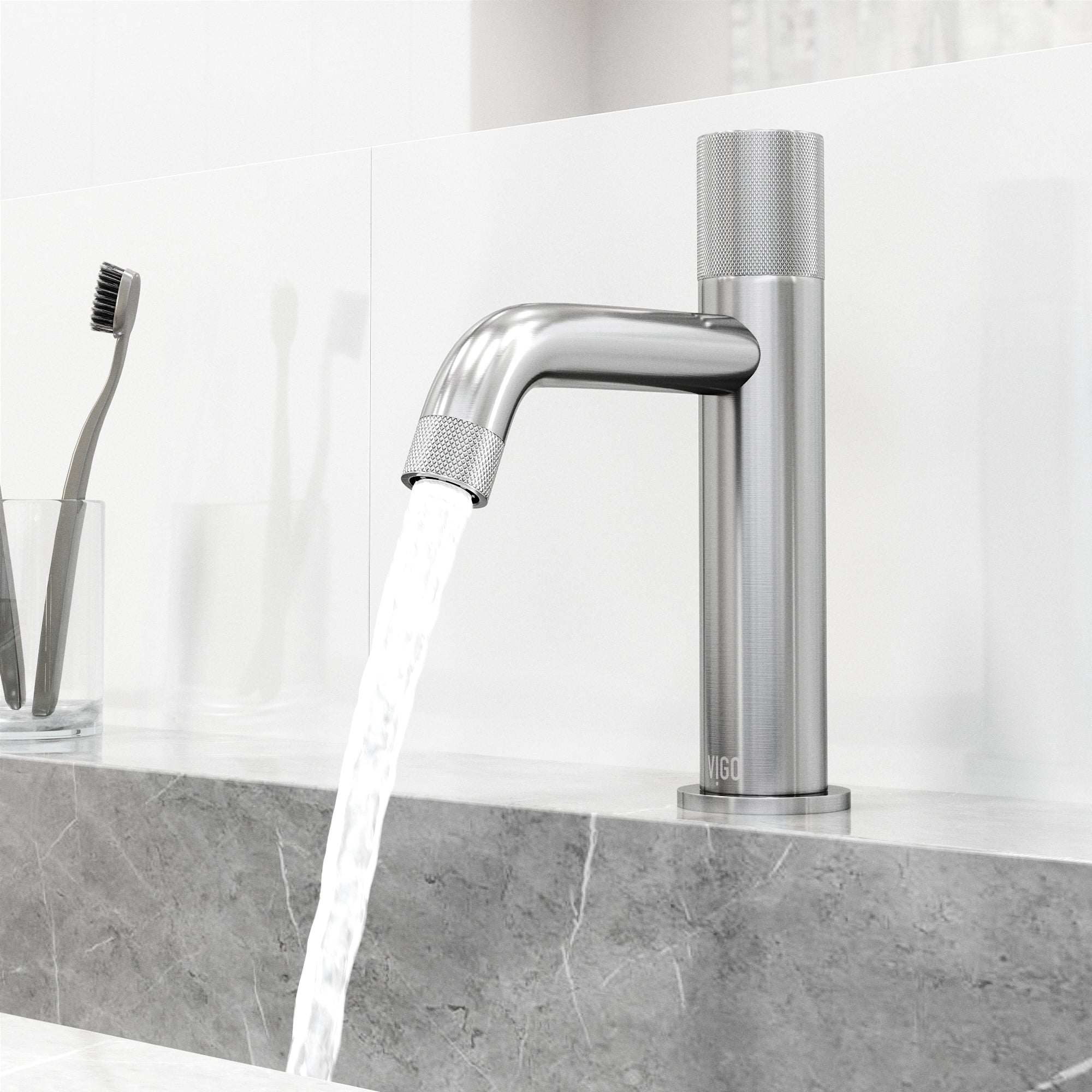 Modern bathroom faucet with ceramic disk valve and brushed nickel finish