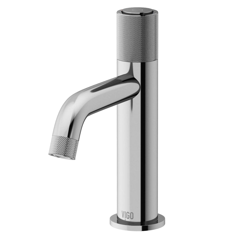 Contemporary style bathroom faucet with shiny finish, knob handle, and compression connection