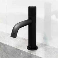 Modern deck-mounted faucet in matte black with knob handle and brass construction