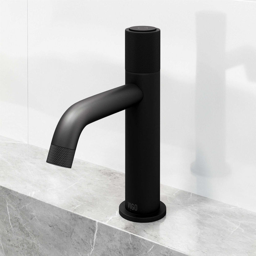Modern deck-mounted faucet in matte black with knob handle and brass construction