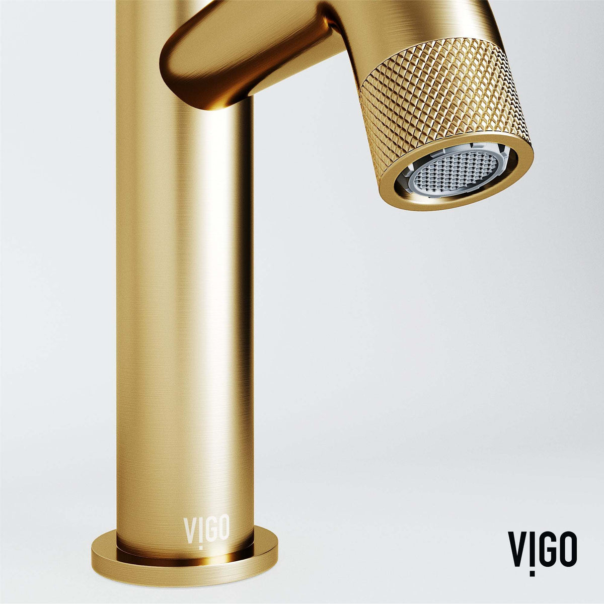 Modern deck-mounted faucet in matte brushed gold with knob handle and brass construction