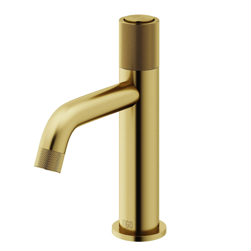 Contemporary style bathroom faucet with warm finish, knob handle, and compression connection