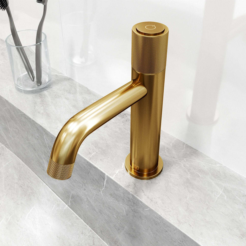Low flow single hole faucet in matte brushed gold with all mounting materials included