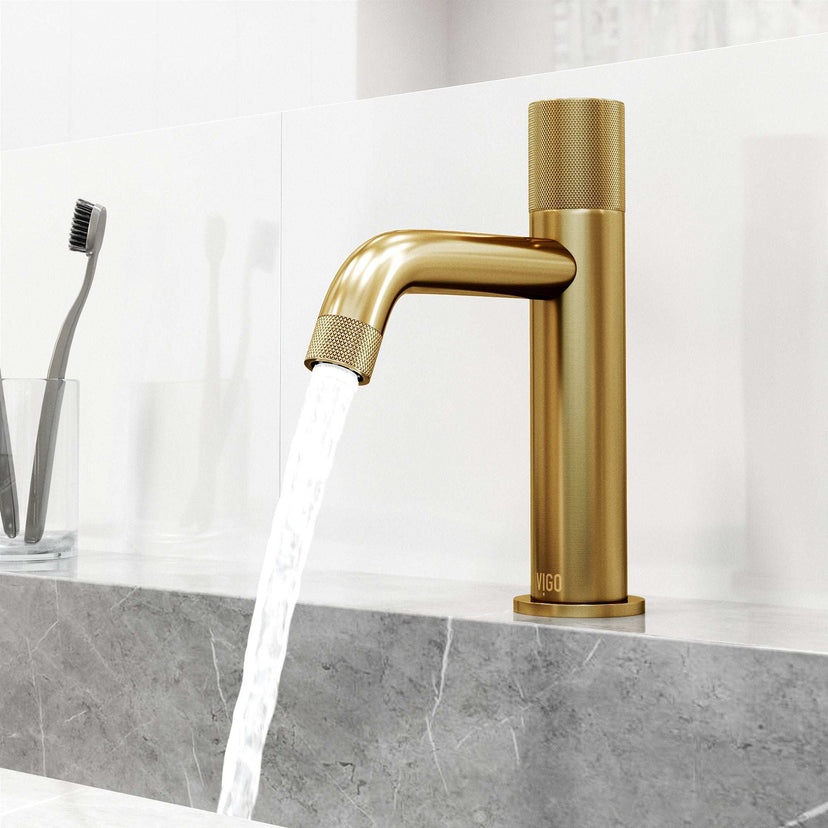 Modern bathroom faucet with ceramic disk valve and matte brushed gold finish