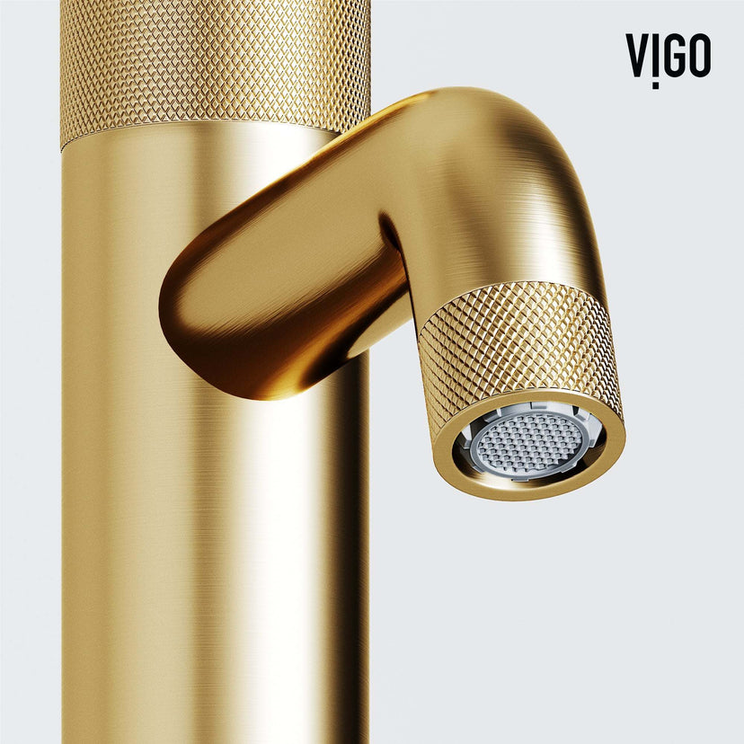 Single hole bathroom faucet with matte brushed gold finish and 8-inch assembled height