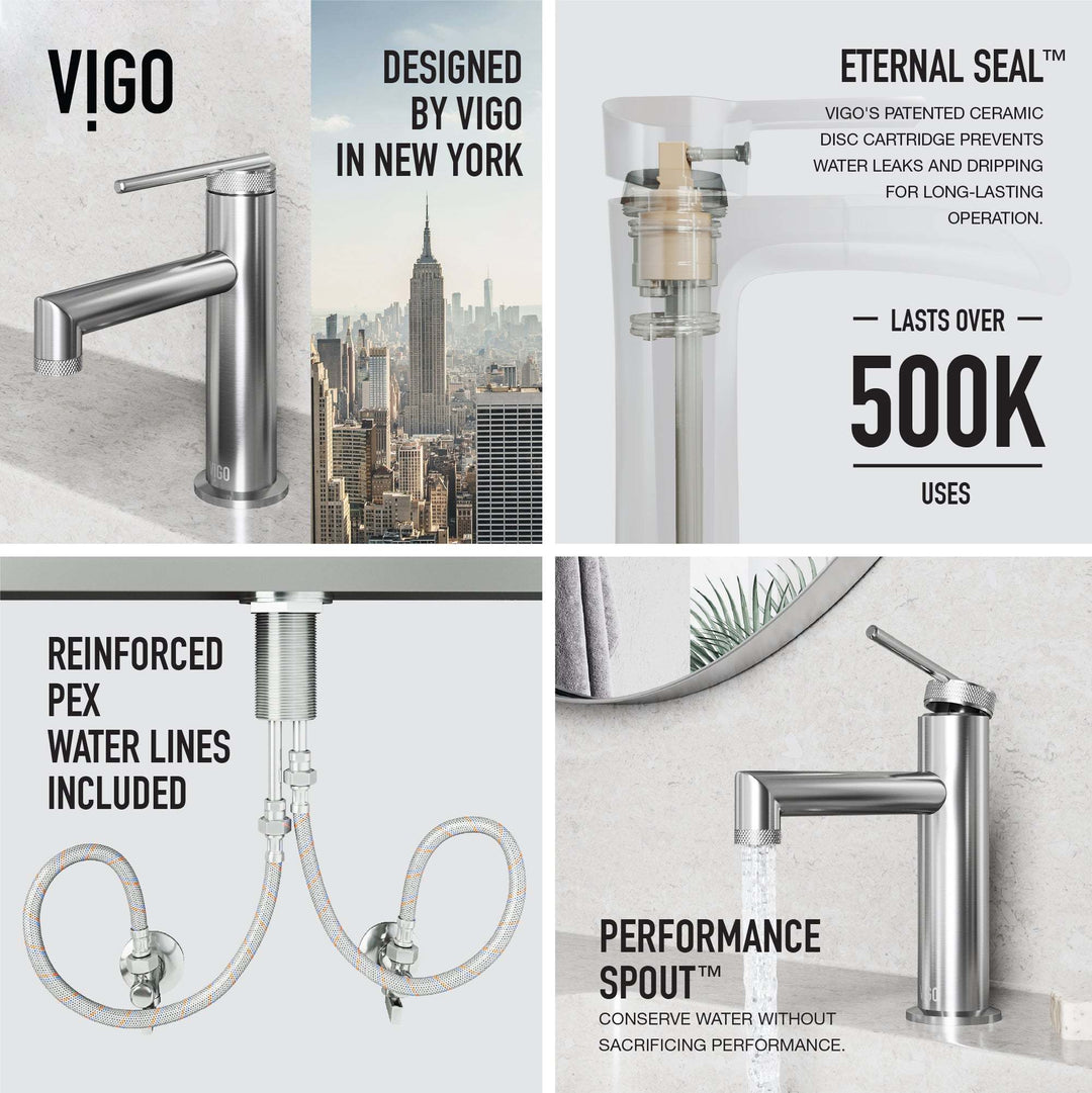 Modern deck-mounted faucet in brushed nickel with ceramic disc cartridge