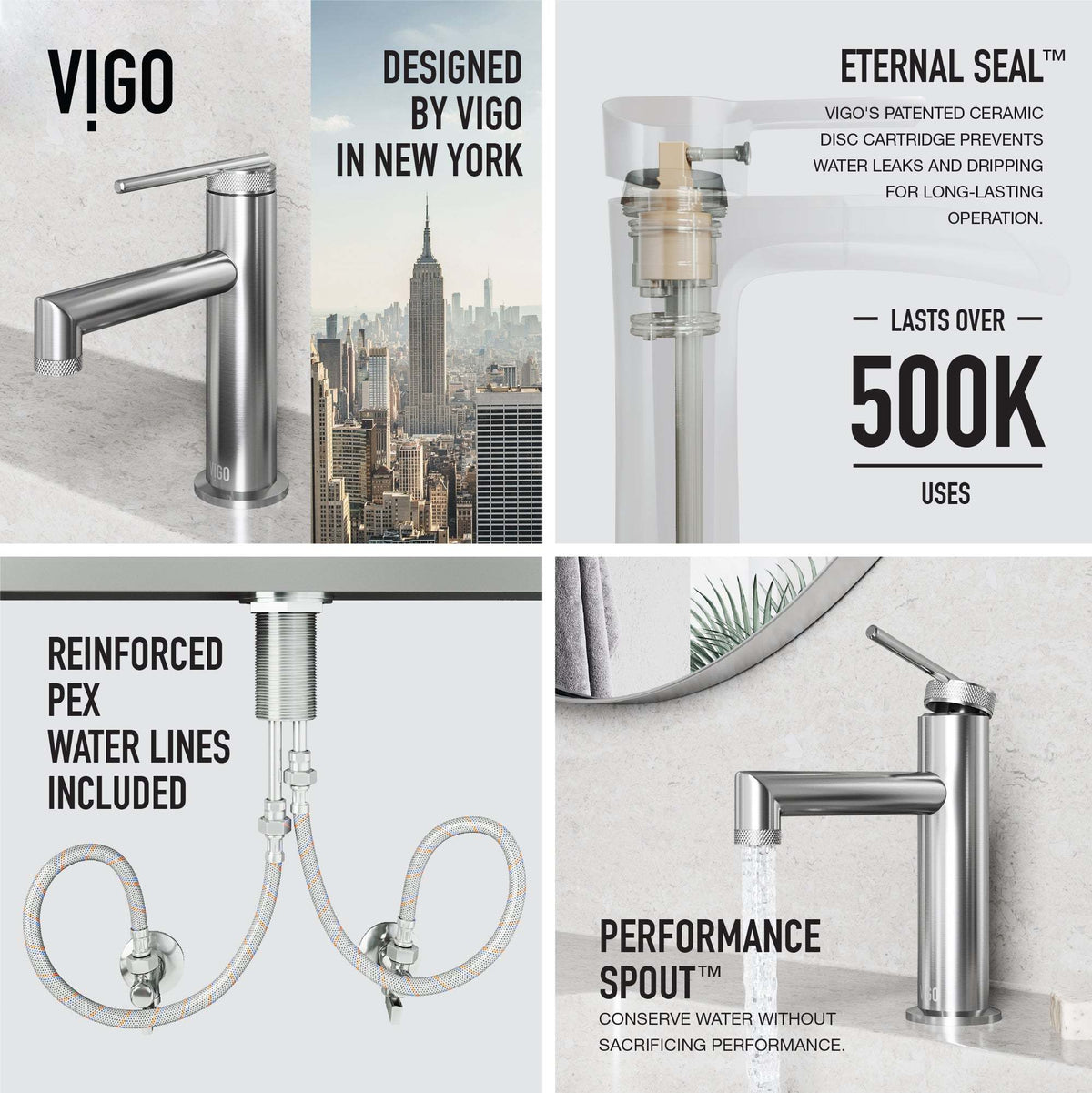 Modern deck-mounted faucet in brushed nickel with ceramic disc cartridge