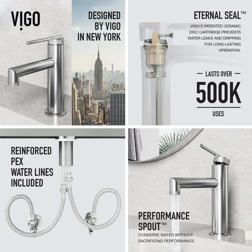Modern deck-mounted faucet in brushed nickel with ceramic disc cartridge