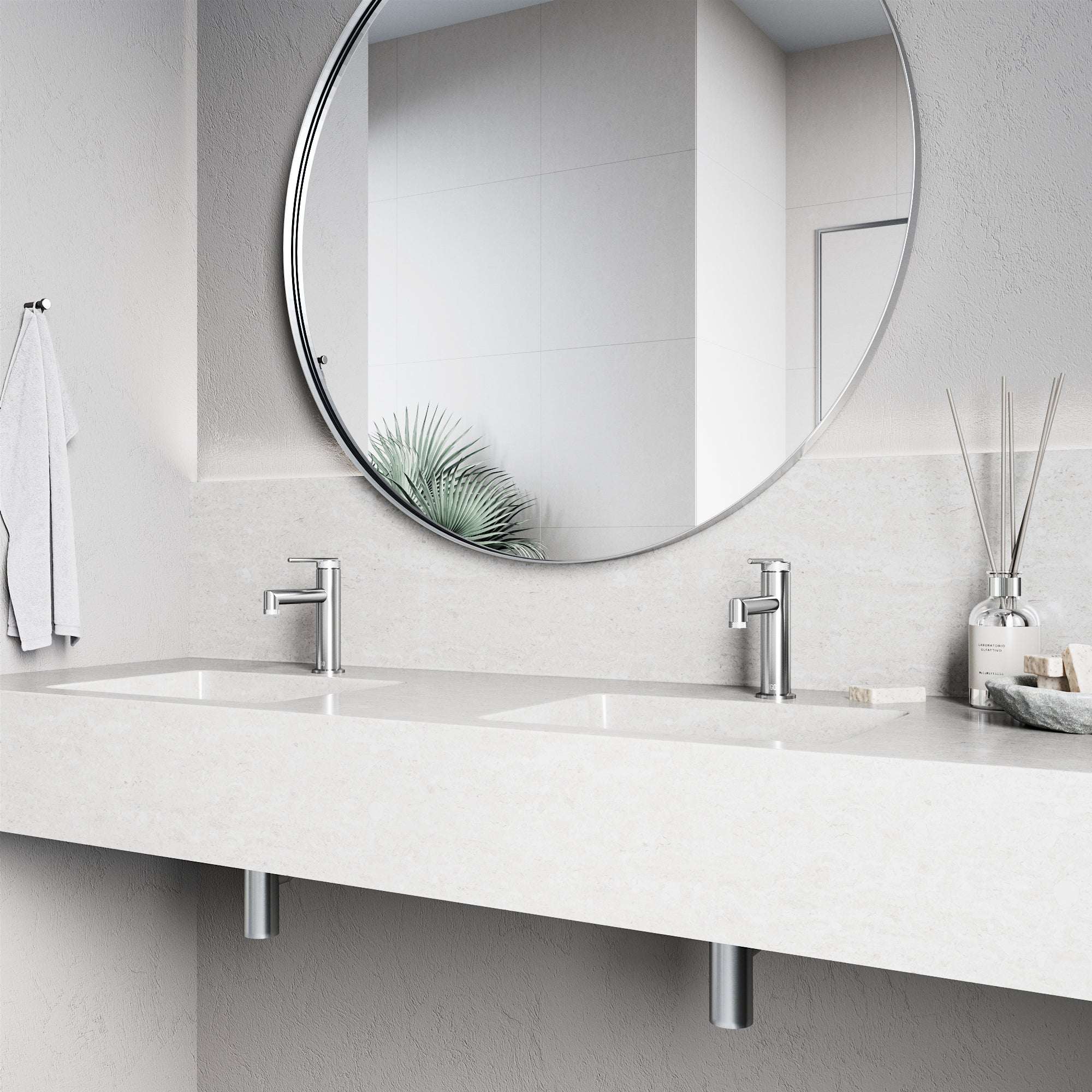 Brass construction single hole faucet with mid arc spout and lever control