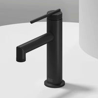 Matte Black single hole bathroom faucet with lever handle and mid arc spout