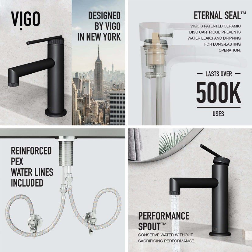 Modern deck-mounted faucet in matte black with ceramic disc cartridge
