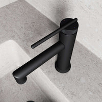 Deck-mounted faucet with ceramic disk valve and matte black finish