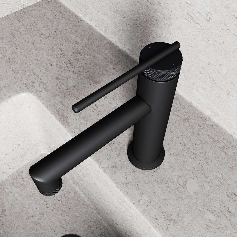 Deck-mounted faucet with ceramic disk valve and matte black finish