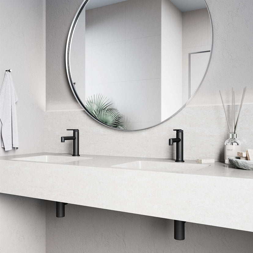 Brass construction single hole faucet with mid arc spout and lever control