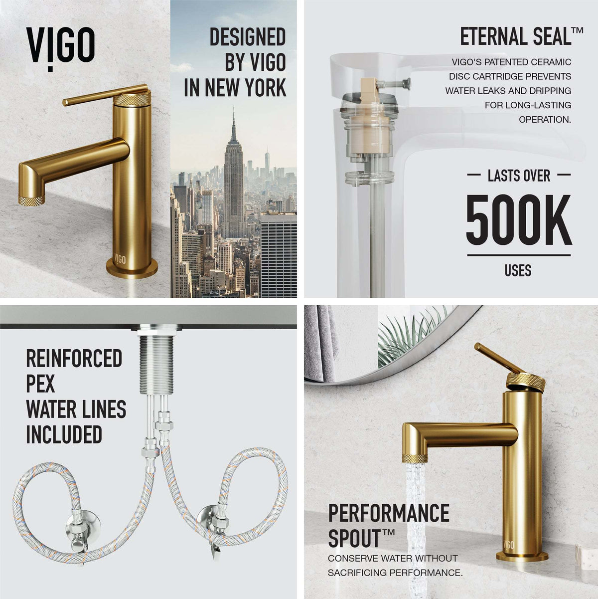 Modern deck-mounted faucet in matte brushed gold with ceramic disc cartridge