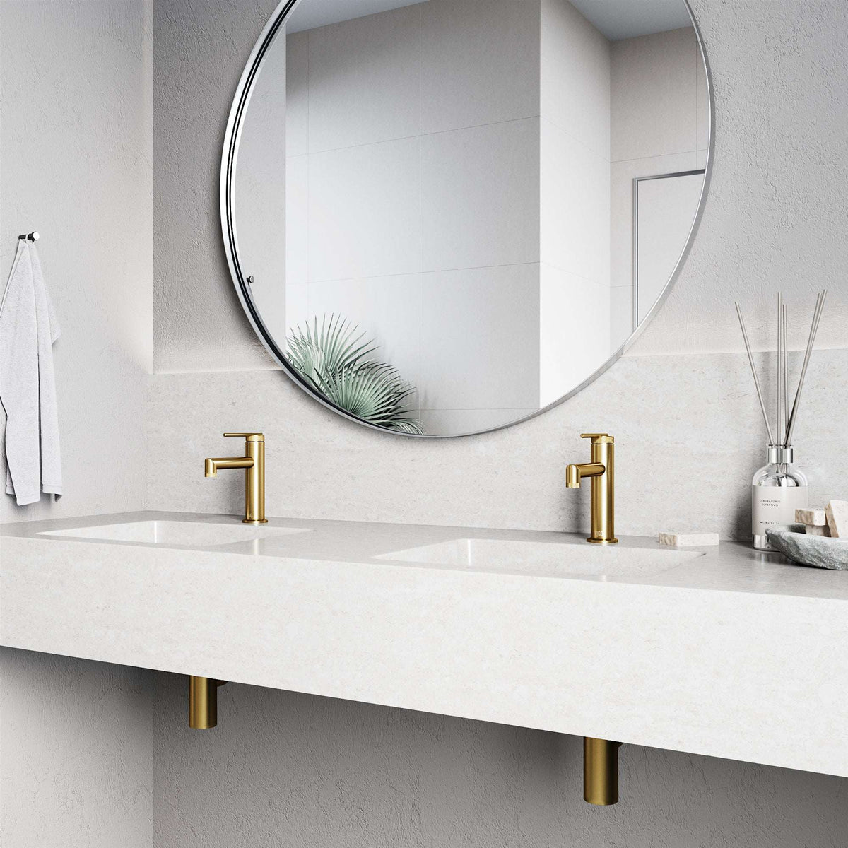 Brass construction single hole faucet with mid arc spout and lever control