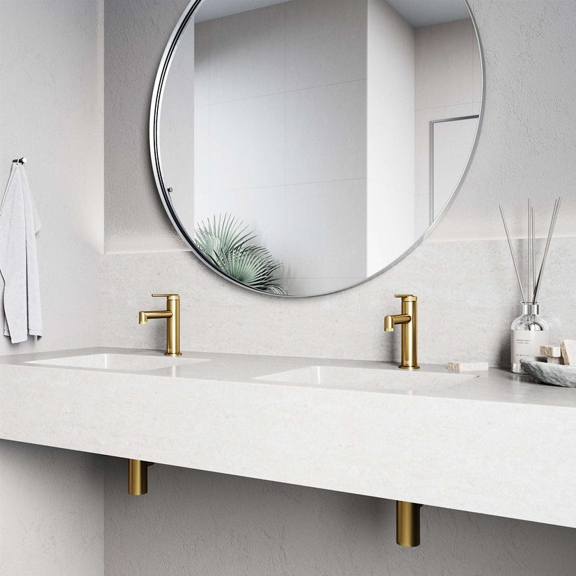 Brass construction single hole faucet with mid arc spout and lever control