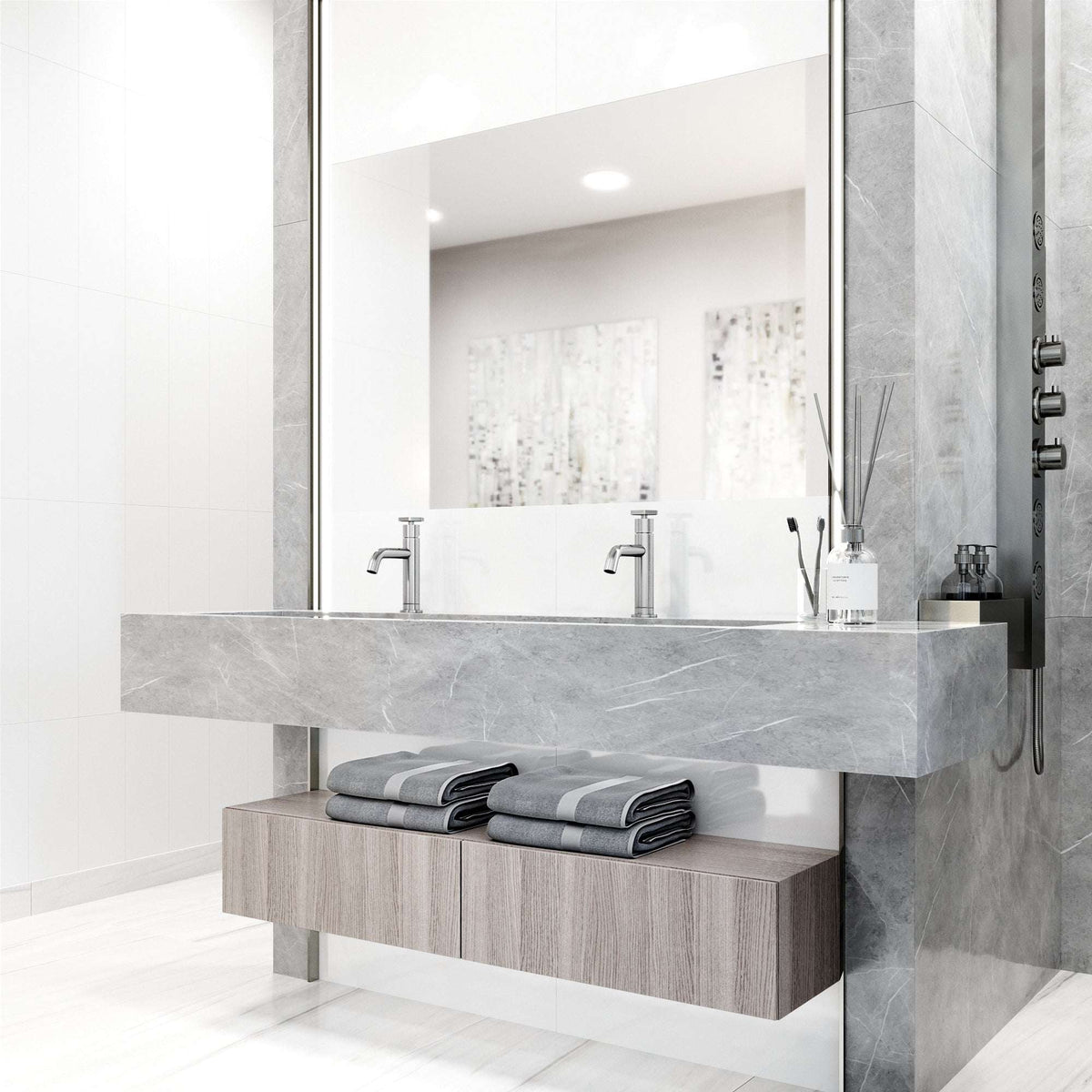 High arc spout bathroom faucet in brushed nickel with included mounting hardware