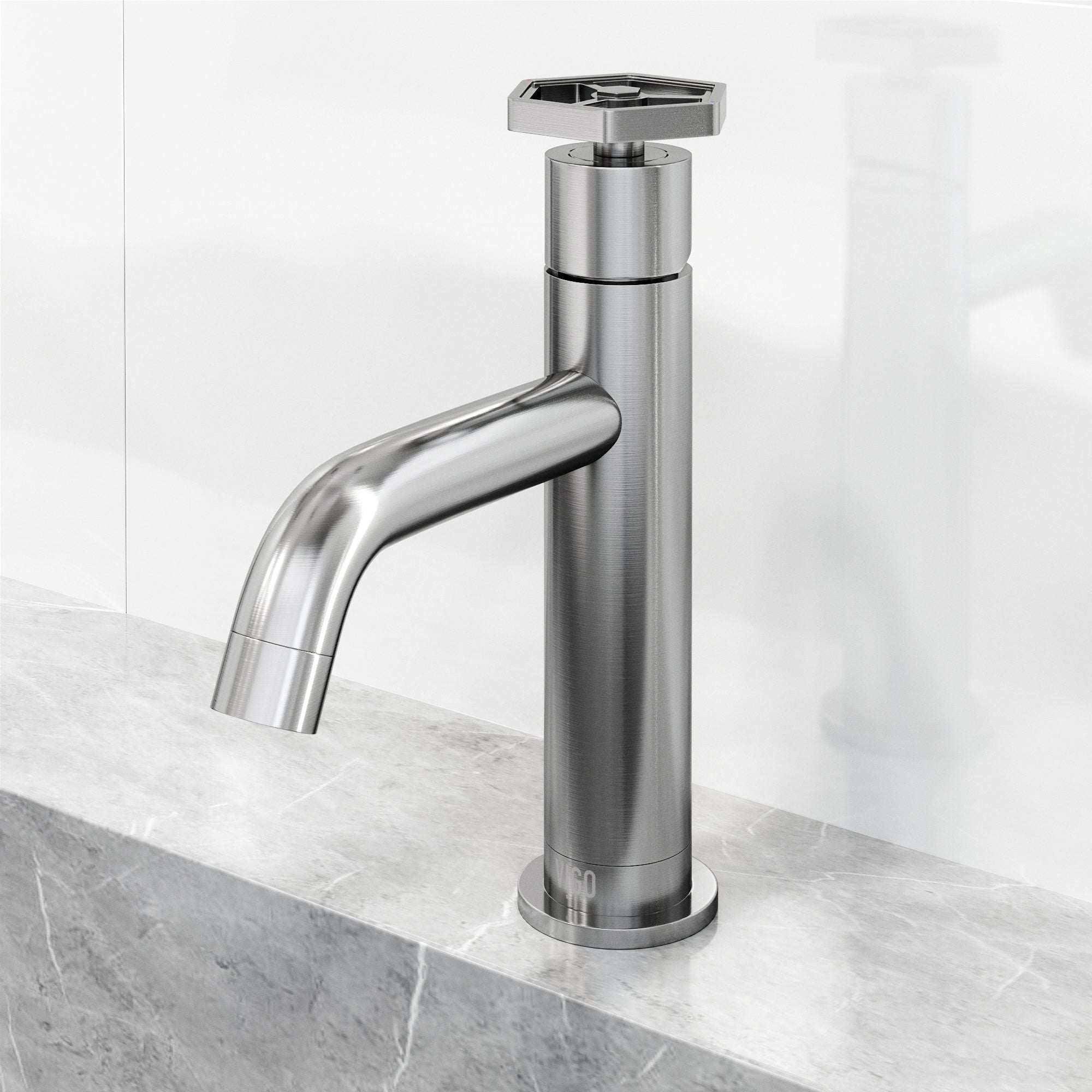 Brushed nickel faucet featuring low lead and hot/cold indicators