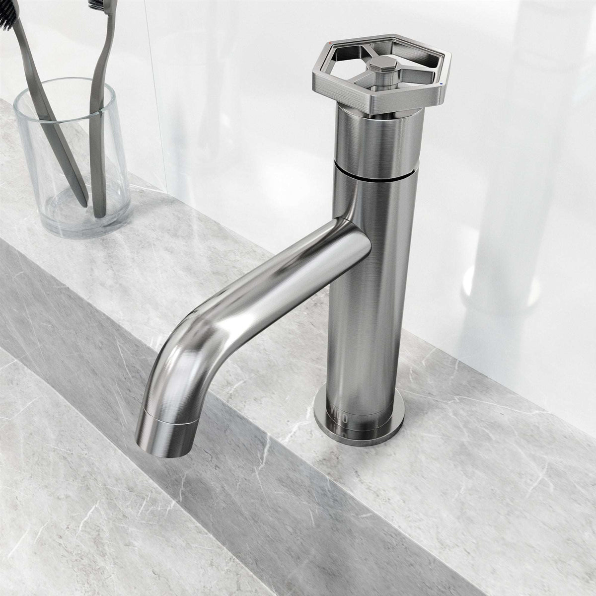Deck mounted single hole faucet with waterfall spout and compression connection