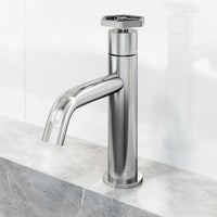 Chrome faucet featuring low lead and hot/cold indicators