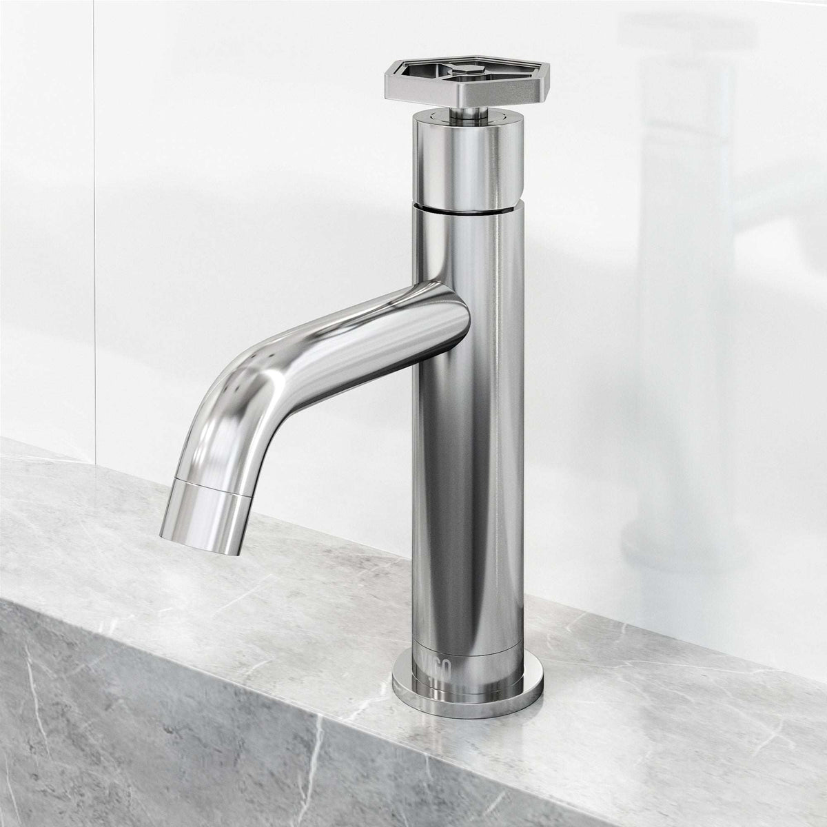 Chrome faucet featuring low lead and hot/cold indicators