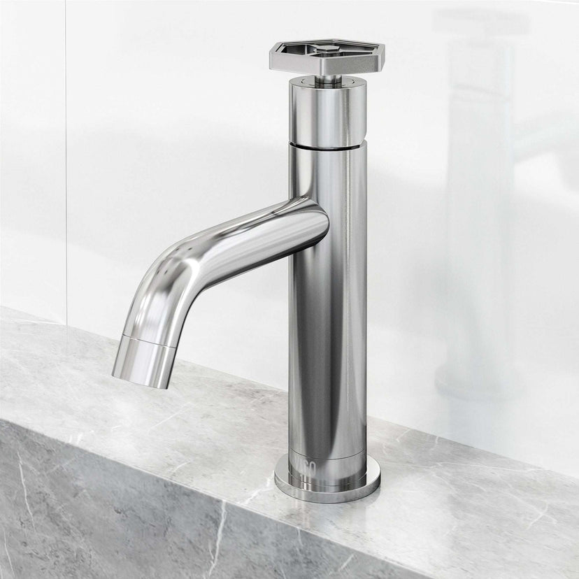 Chrome faucet featuring low lead and hot/cold indicators