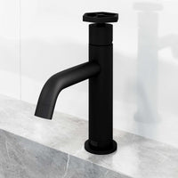Matte black faucet featuring low lead and hot/cold indicators