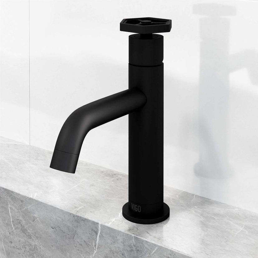 Matte black faucet featuring low lead and hot/cold indicators