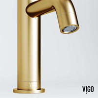 Modern deck mounted faucet in matte brushed gold with ceramic disc valve