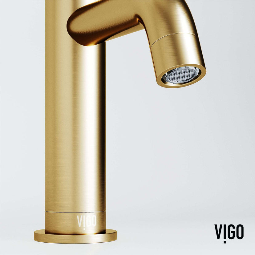 Modern deck mounted faucet in matte brushed gold with ceramic disc valve