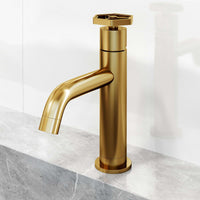 Matte brushed gold faucet featuring low lead and hot/cold indicators