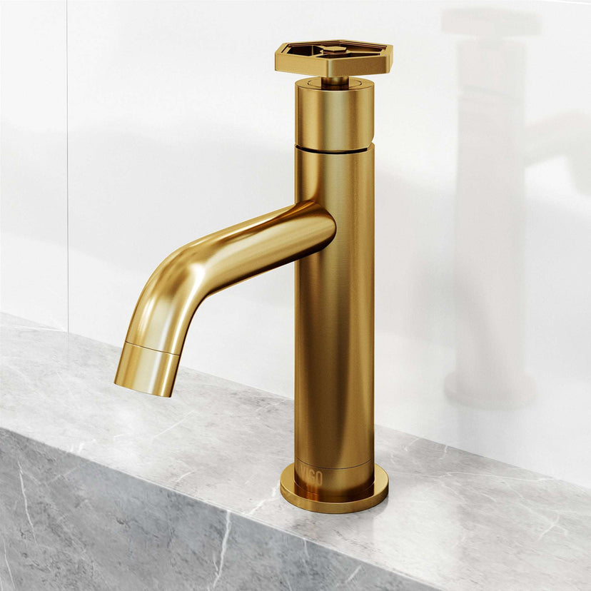 Matte brushed gold faucet featuring low lead and hot/cold indicators