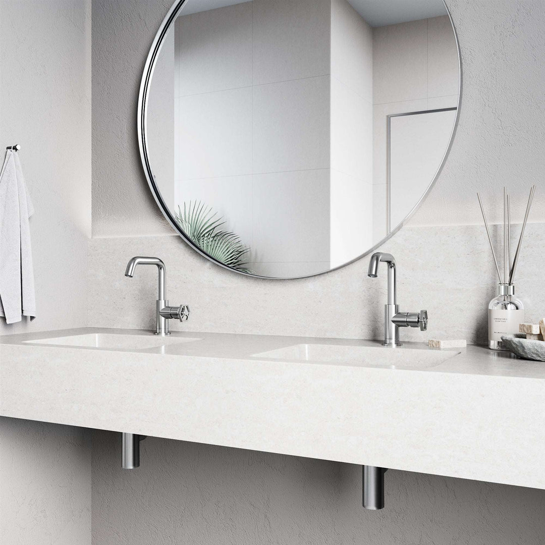 Modern deck-mounted faucet in brushed nickel with ceramic disc valve