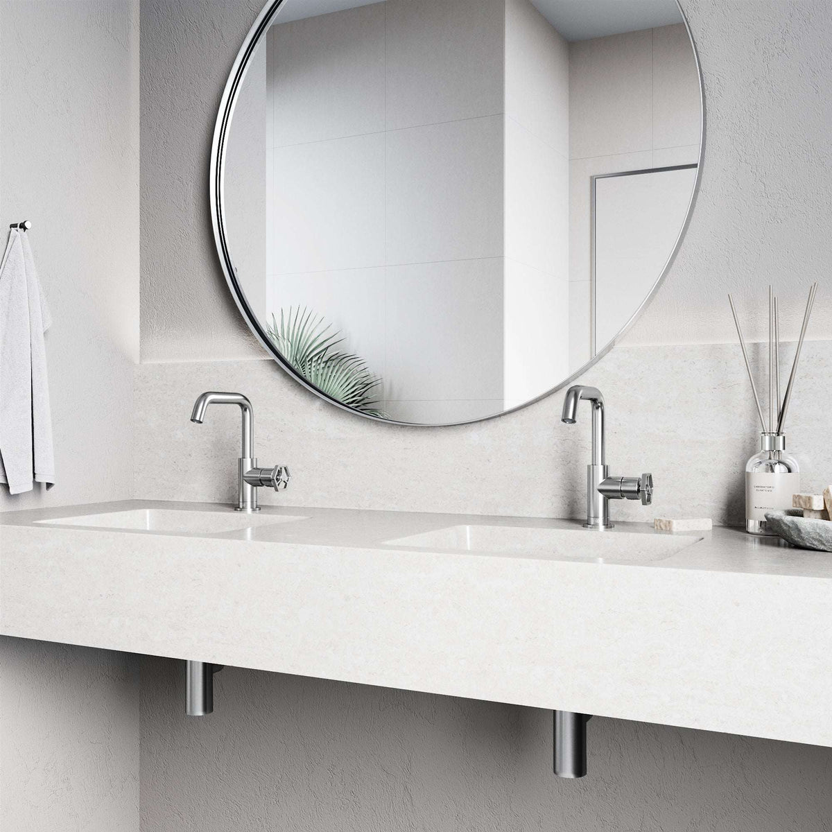 Modern deck-mounted faucet in brushed nickel with ceramic disc valve