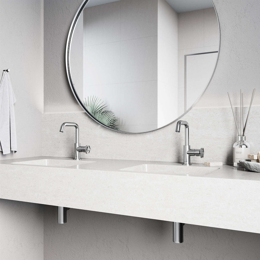 Modern deck-mounted faucet in brushed nickel with ceramic disc valve