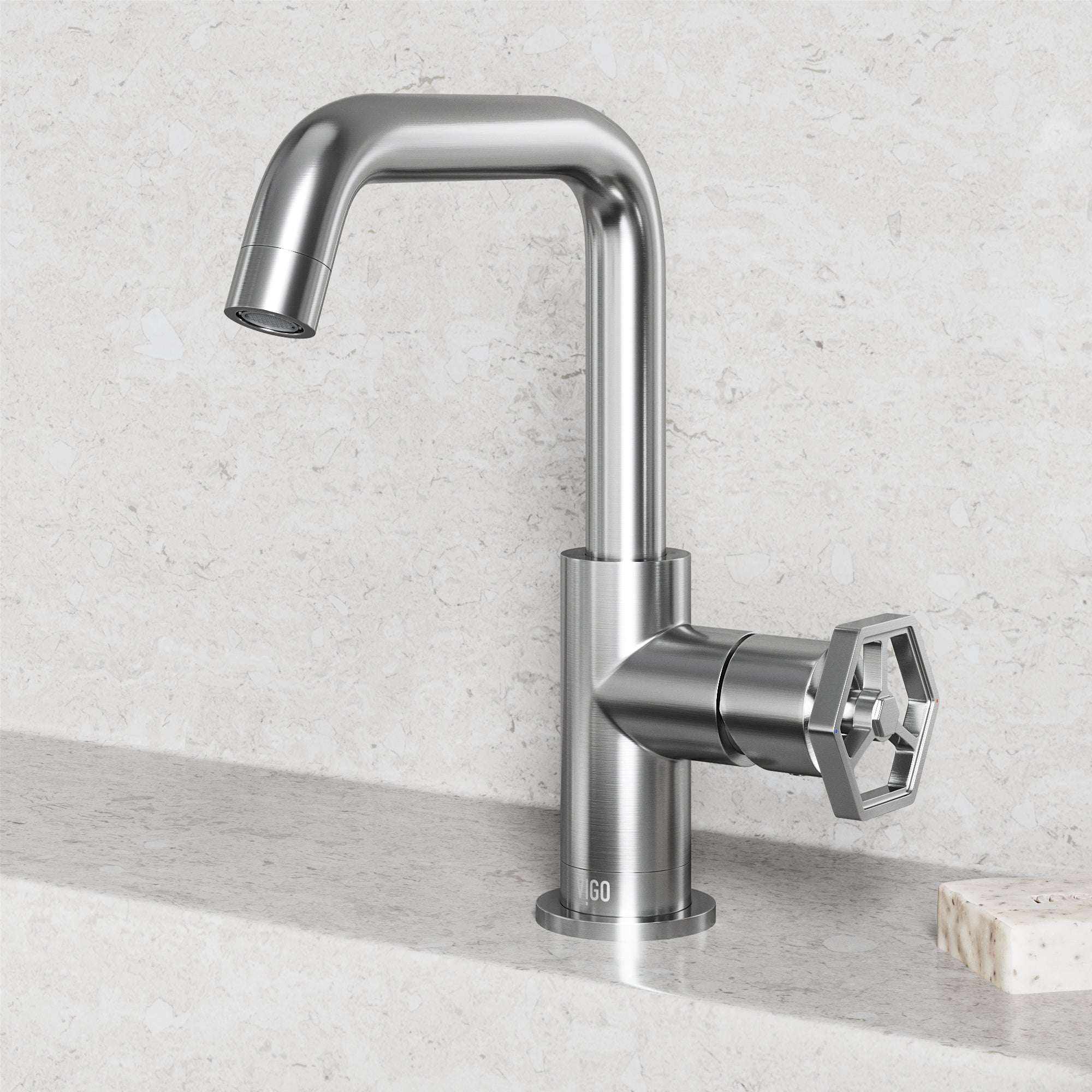 High arc spout bathroom faucet in brushed nickel, includes mounting hardware