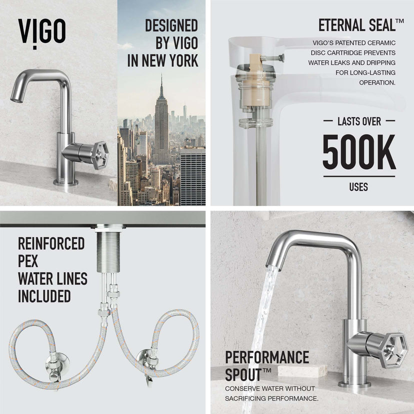 Deck-mounted bathroom faucet with waterfall spout and brushed nickel finish