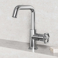 High arc spout bathroom faucet in chrome, includes mounting hardware