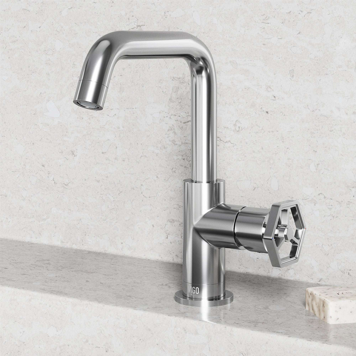High arc spout bathroom faucet in chrome, includes mounting hardware