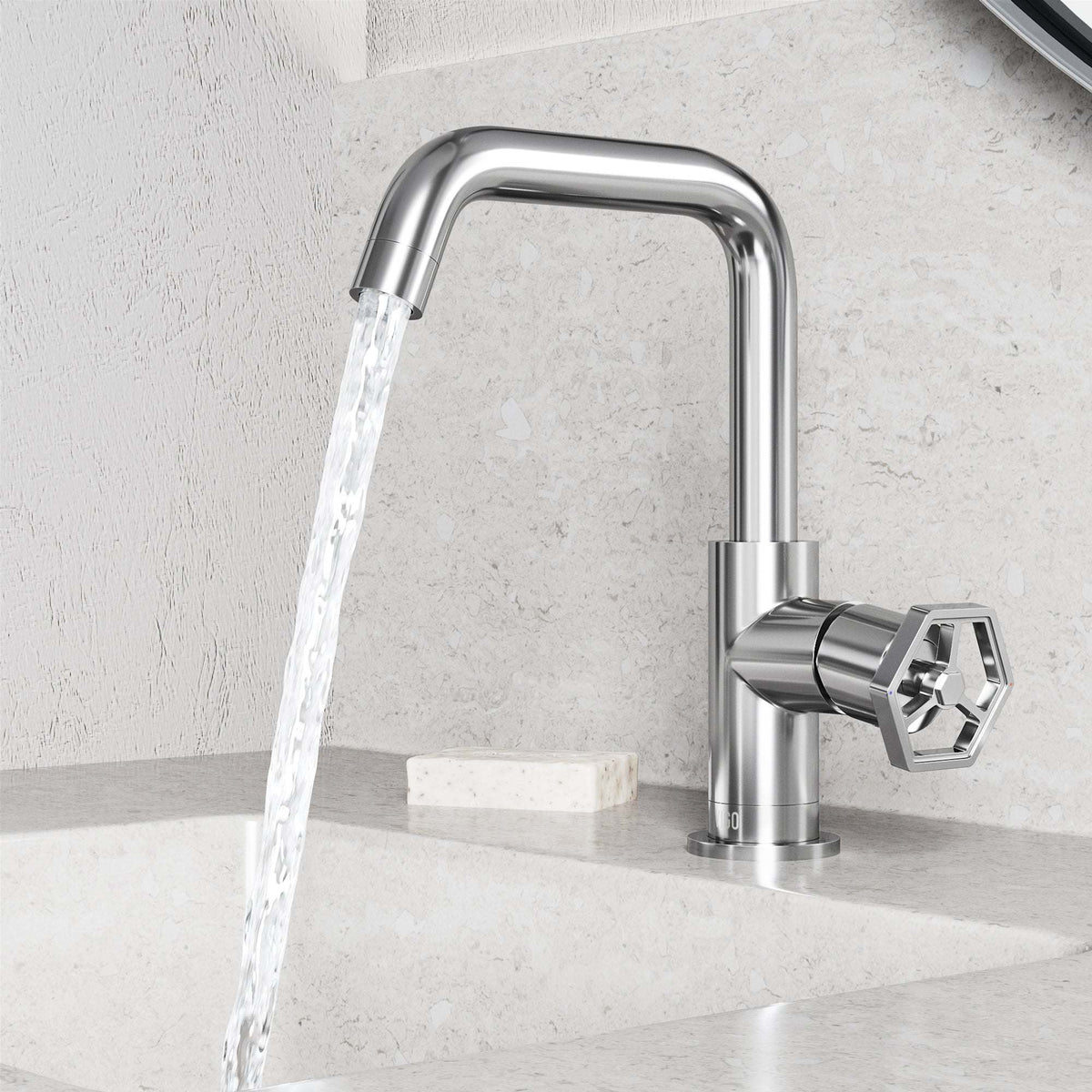 Chrome faucet with lever handle and drip-free ceramic disc cartridge